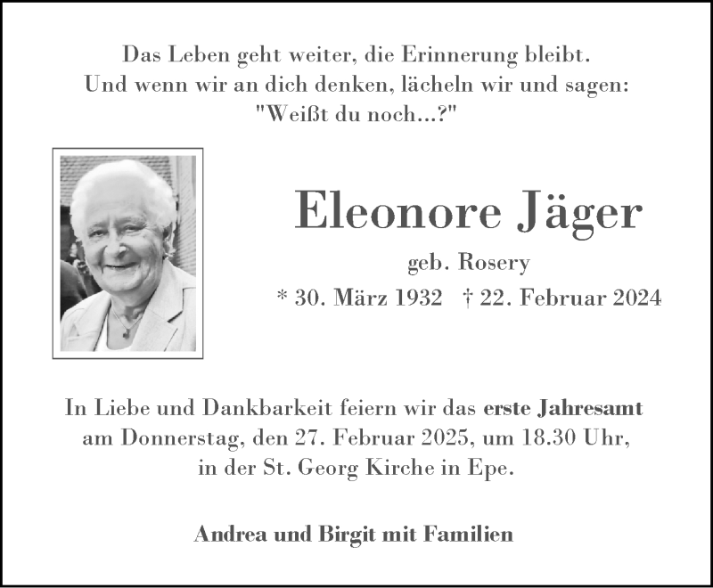  Traueranzeige für Eleonore Jäger vom 22.02.2025 aus 
