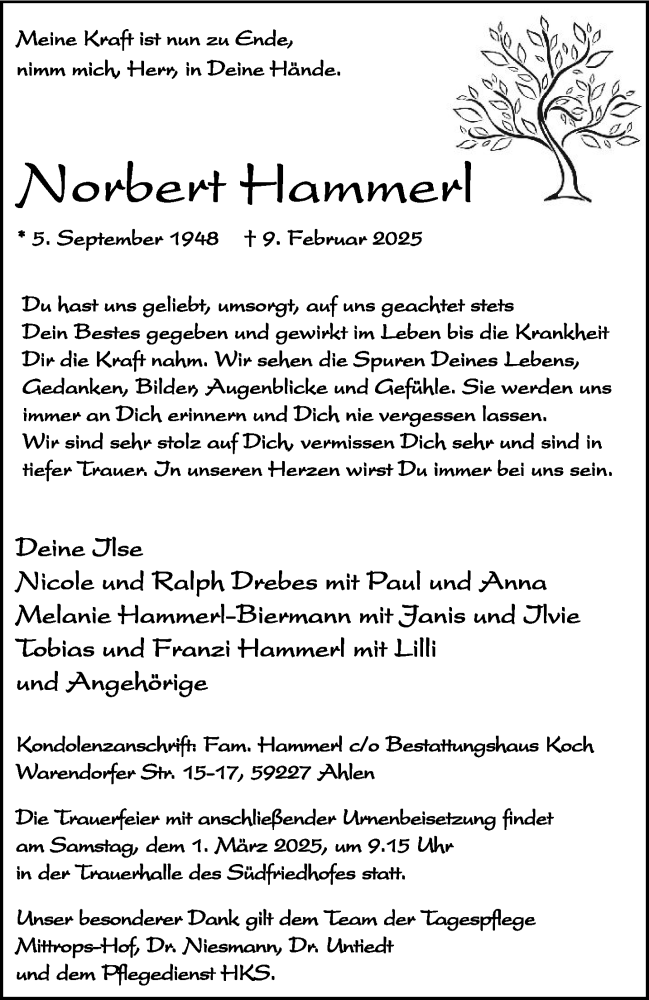  Traueranzeige für Norbert Hammerl vom 22.02.2025 aus 