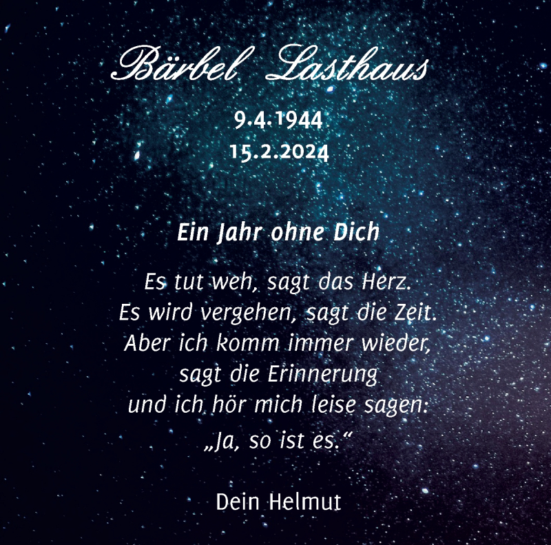  Traueranzeige für Bärbel Lasthaus vom 15.02.2025 aus 