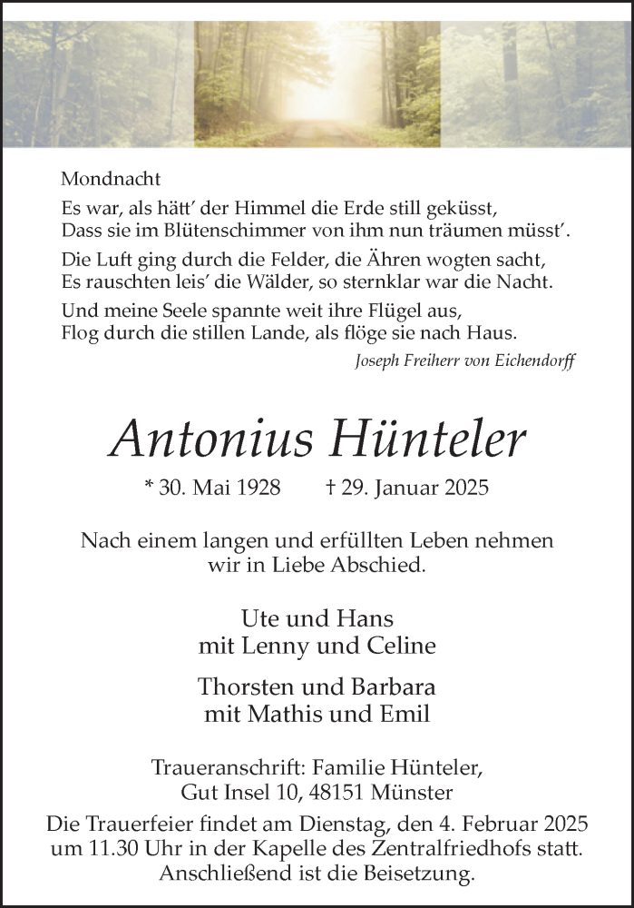  Traueranzeige für Antonius Hünteler vom 01.02.2025 aus 