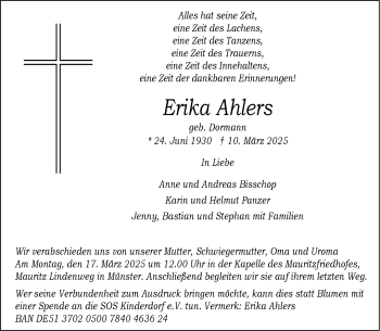Anzeige von Erika Ahlers 
