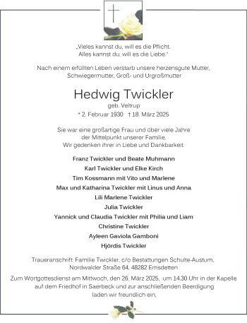 Anzeige von Hedwig Twickler 