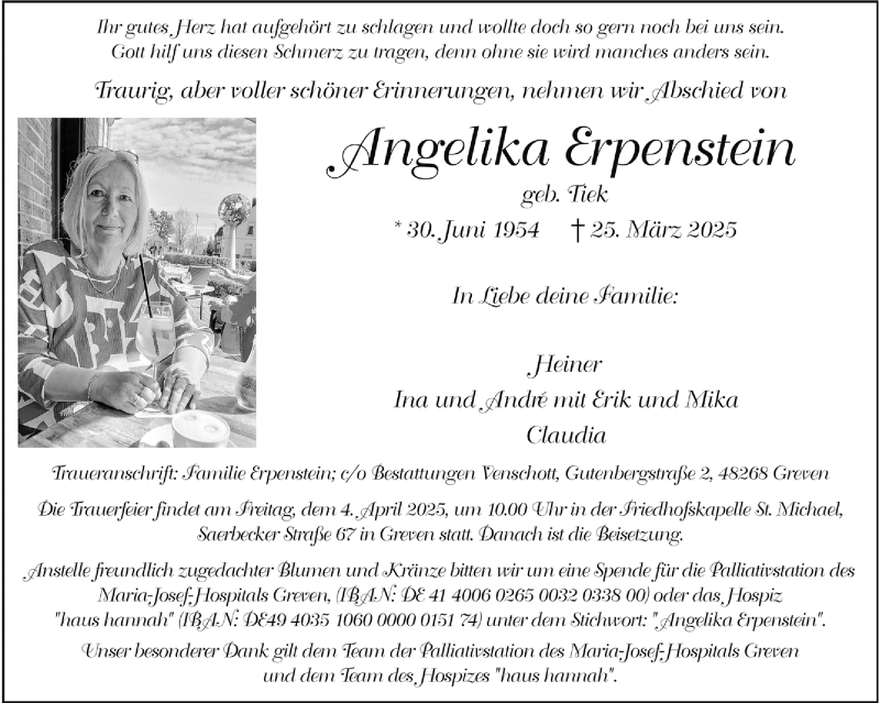  Traueranzeige für Angelika Erpenstein vom 29.03.2025 aus 