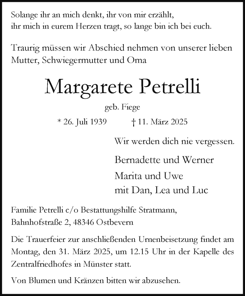  Traueranzeige für Margarete Petrelli vom 22.03.2025 aus 