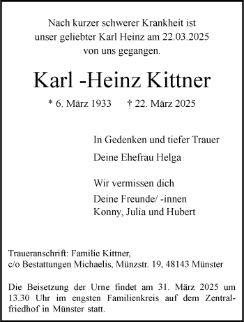 Anzeige von Karl-Heinz Kittner 