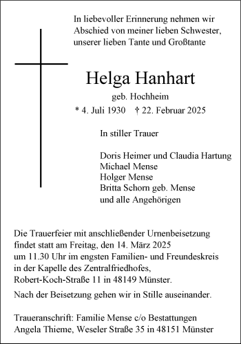 Anzeige von Helga Hanhart 