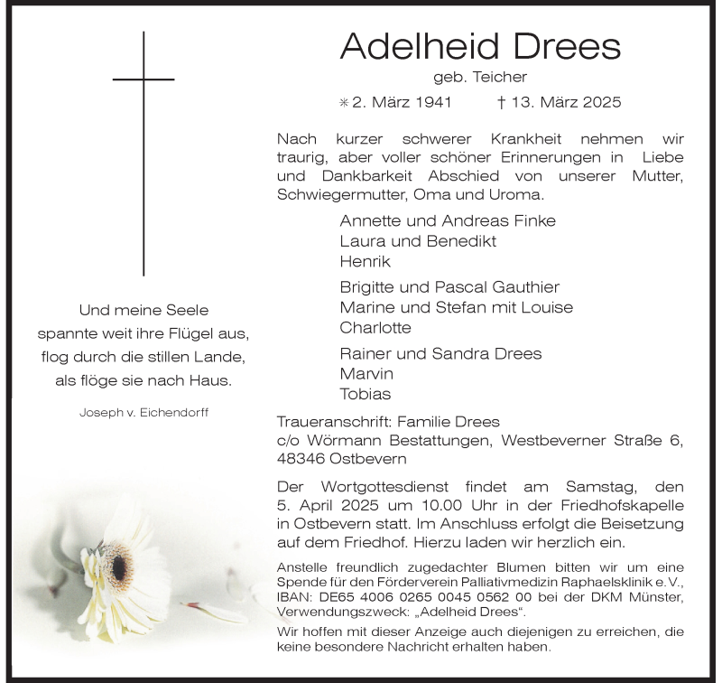  Traueranzeige für Adelheid Drees vom 22.03.2025 aus 