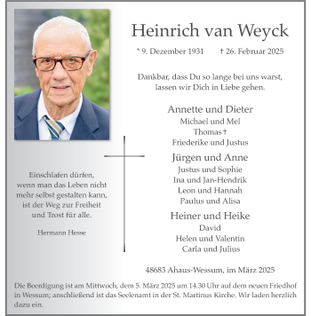 Anzeige von Heinrich van Weyck 