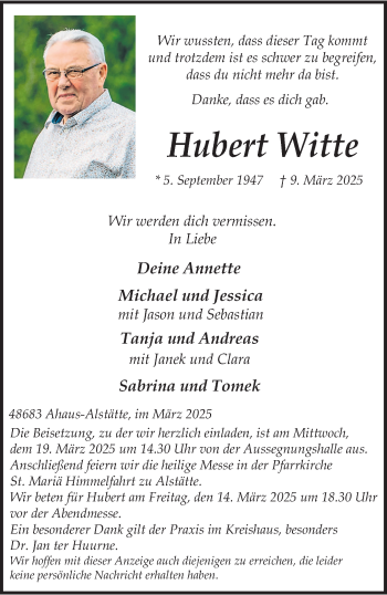 Anzeige von Hubert Witte 