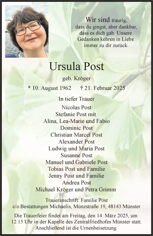  Traueranzeige für Ursula Post vom 08.03.2025 aus 