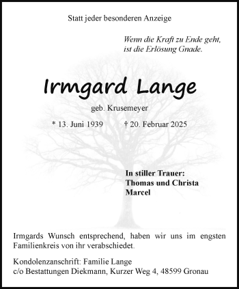Anzeige von Irmgard Lange 