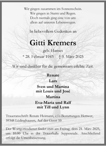 Anzeige von Gitti Kremers 