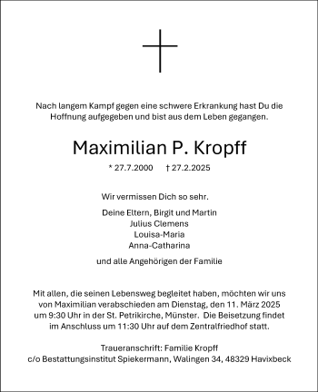 Anzeige von Maximilian P. Kropff 