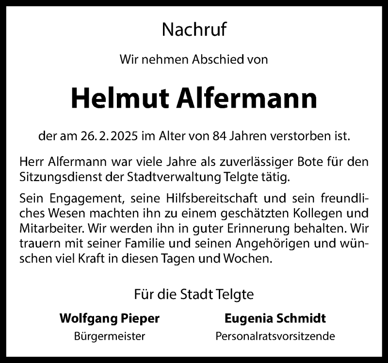  Traueranzeige für Helmut Alfermann vom 08.03.2025 aus 