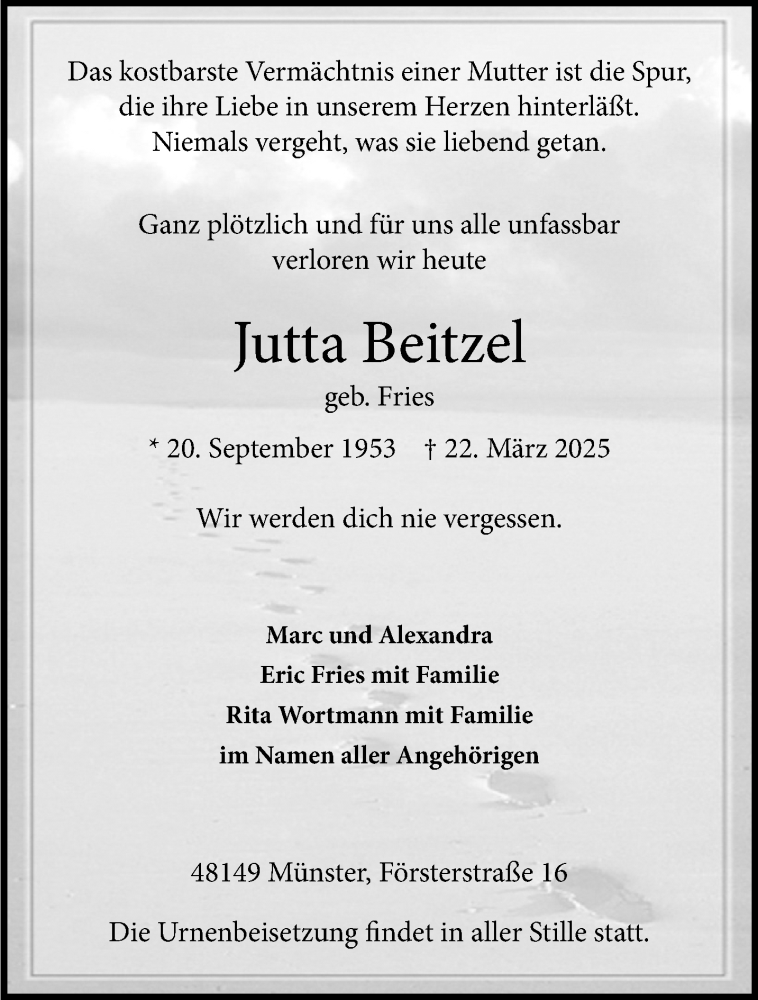  Traueranzeige für Jutta Beitzel vom 29.03.2025 aus 