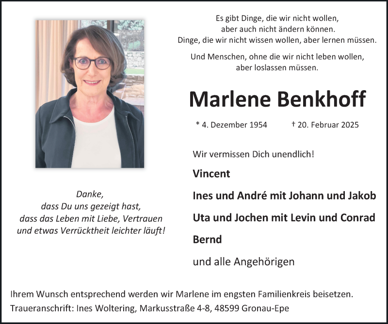  Traueranzeige für Marlene Benkhoff vom 01.03.2025 aus 