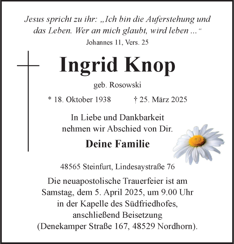  Traueranzeige für Ingrid Knop vom 29.03.2025 aus 
