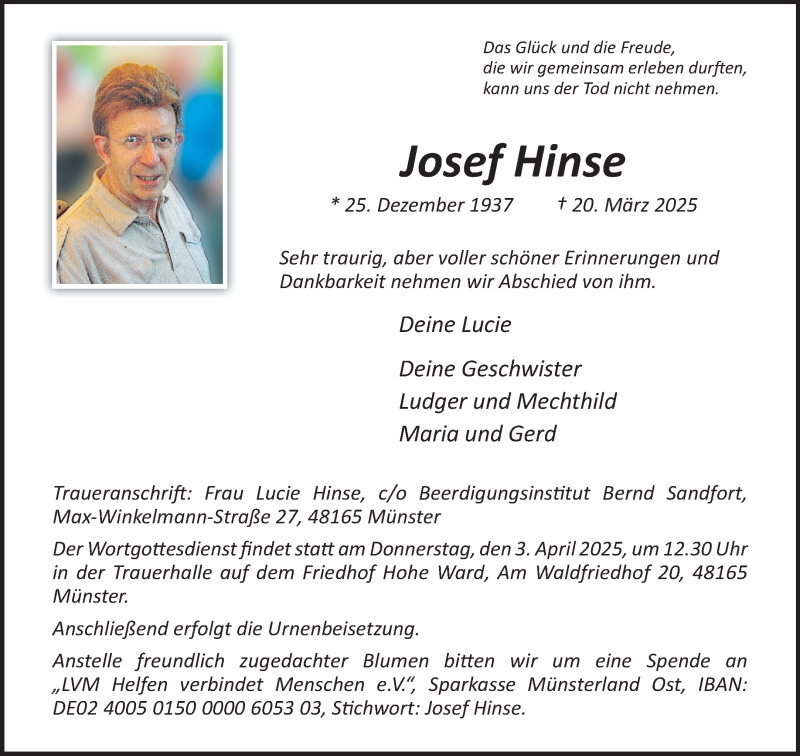  Traueranzeige für Josef Hinse vom 29.03.2025 aus 