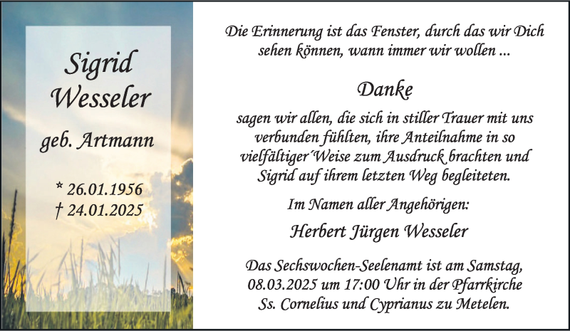  Traueranzeige für Sigrid Wesseler vom 06.03.2025 aus 