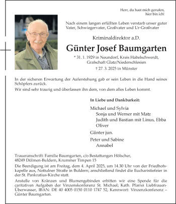 Anzeige von Günter Josef Baumgarten 