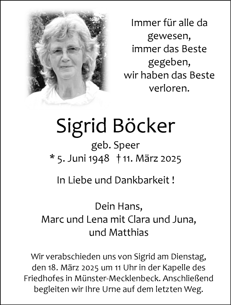  Traueranzeige für Sigrid Böcker vom 15.03.2025 aus 