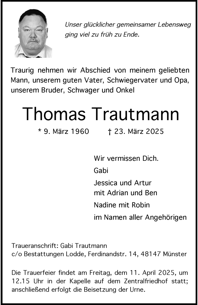  Traueranzeige für Thomas Trautmann vom 29.03.2025 aus 