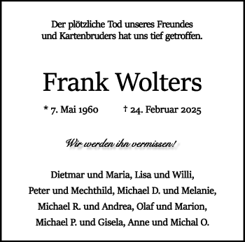 Anzeige von Frank Wolters 