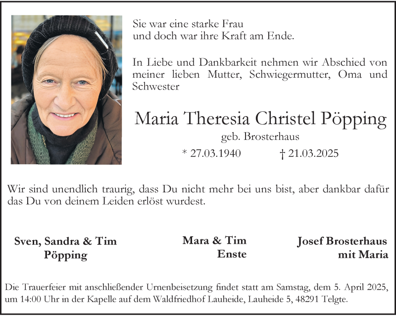  Traueranzeige für Maria Theresia Christel Pöpping vom 29.03.2025 aus 