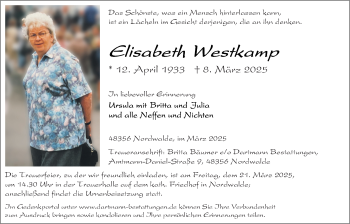 Anzeige von Elisabeth Westkamp 