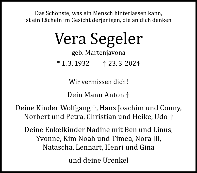  Traueranzeige für Vera Segeler vom 22.03.2025 aus 