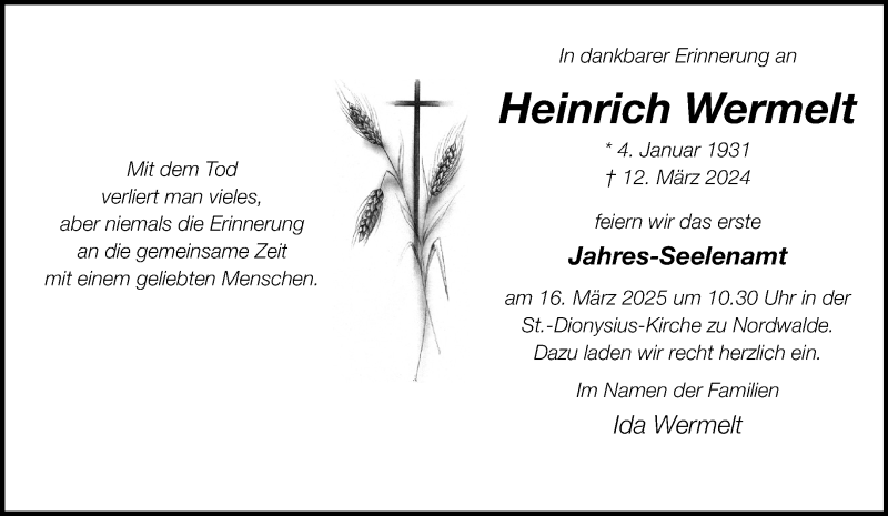  Traueranzeige für Heinrich Wermelt vom 08.03.2025 aus 