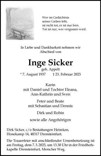Anzeige von Inge Sicker 