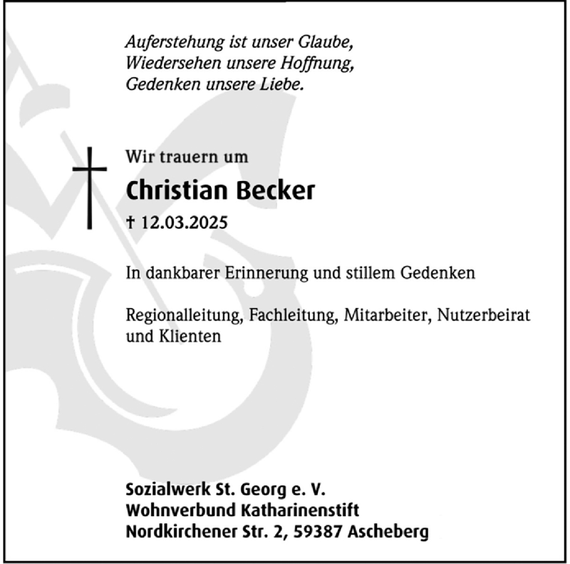  Traueranzeige für Christian Becker vom 19.03.2025 aus 