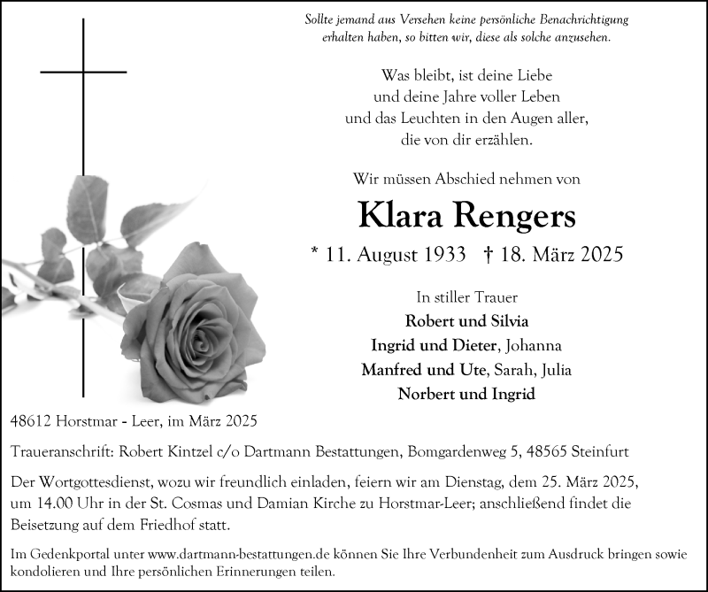  Traueranzeige für Klara Rengers vom 22.03.2025 aus 