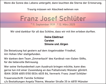 Anzeige von Franz Josef Schlüter 