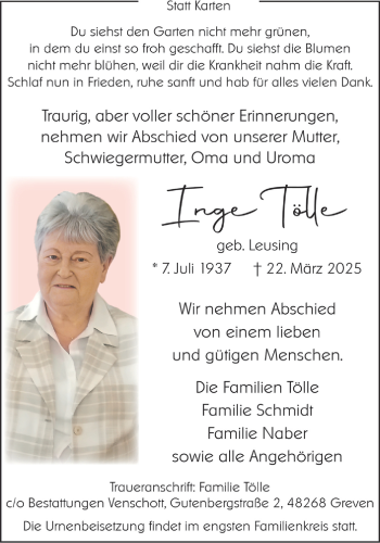 Anzeige von Inge Tölle 