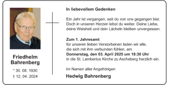 Anzeige von Friedhelm Bahrenberg 
