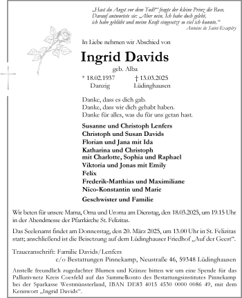 Anzeige von Ingrid Davids 