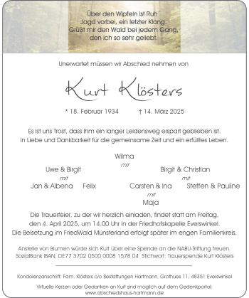 Anzeige von Kurt Klösters 
