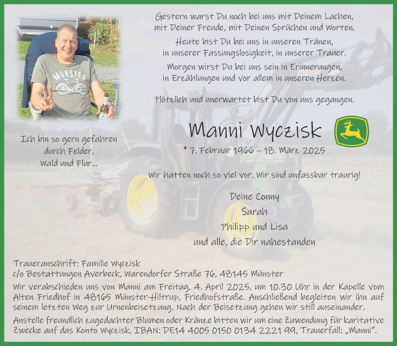  Traueranzeige für Manni Wyczisk vom 29.03.2025 aus 