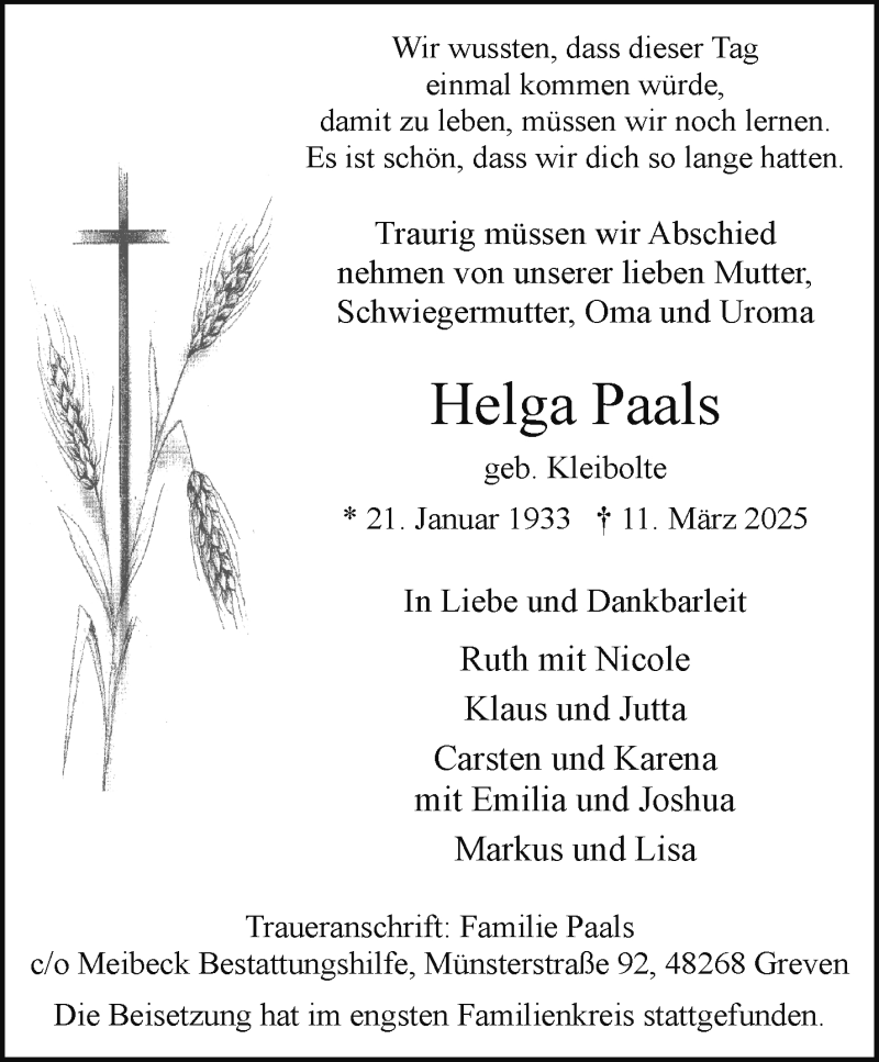  Traueranzeige für Helga Paals vom 22.03.2025 aus 