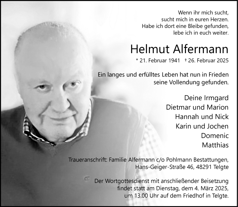 Traueranzeige für Helmut Alfermann vom 01.03.2025 aus 