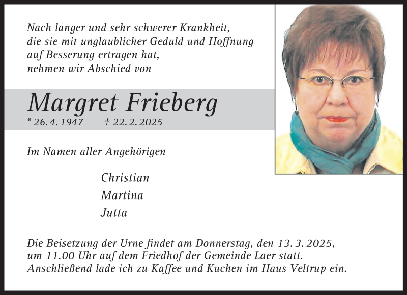  Traueranzeige für Margret Frieberg vom 08.03.2025 aus 