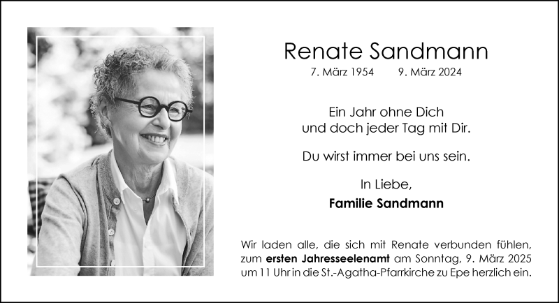  Traueranzeige für Renate Sandmann vom 01.03.2025 aus 
