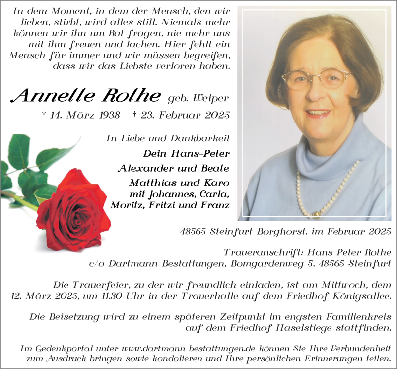  Traueranzeige für Annette Weiper Rothe vom 01.03.2025 aus 