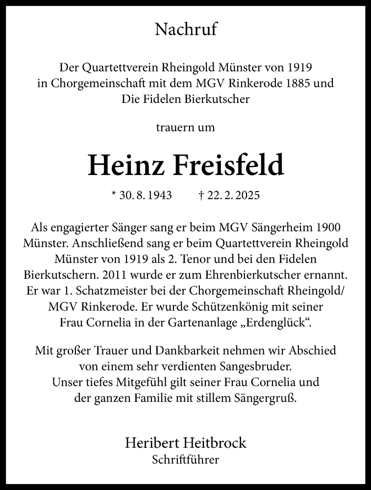  Traueranzeige für Heinz Freisfeld vom 15.03.2025 aus 