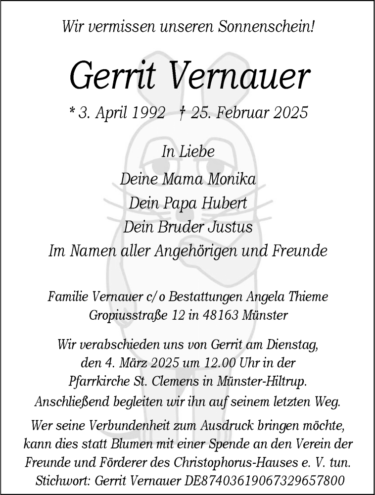  Traueranzeige für Gerrit Vernauer vom 01.03.2025 aus 