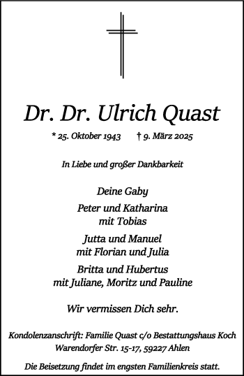 Anzeige von Dr. Dr. Ulrich Quast 