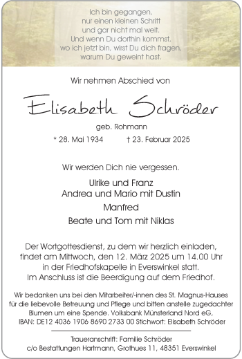 Anzeige von Elisabeth Schröder 