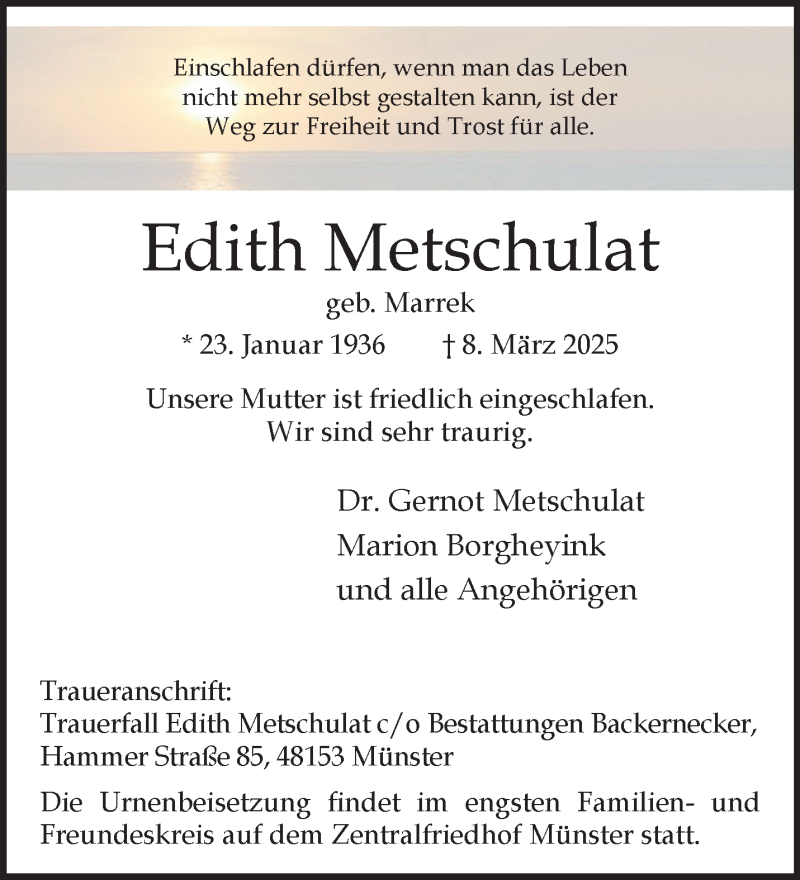  Traueranzeige für Edith Metschulat vom 15.03.2025 aus 